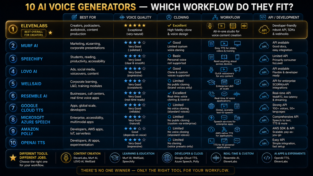 Comparison of 10 leading AI voice generators in 2026 by use case, voice quality, cloning, workflow and API capabilities.