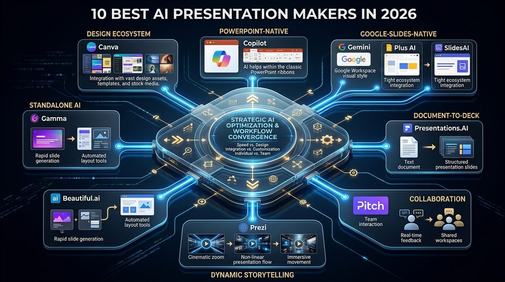 Best AI presentation makers compared across standalone deck generation, PowerPoint, Google Slides, design, document-to-slide and collaboration workflows.