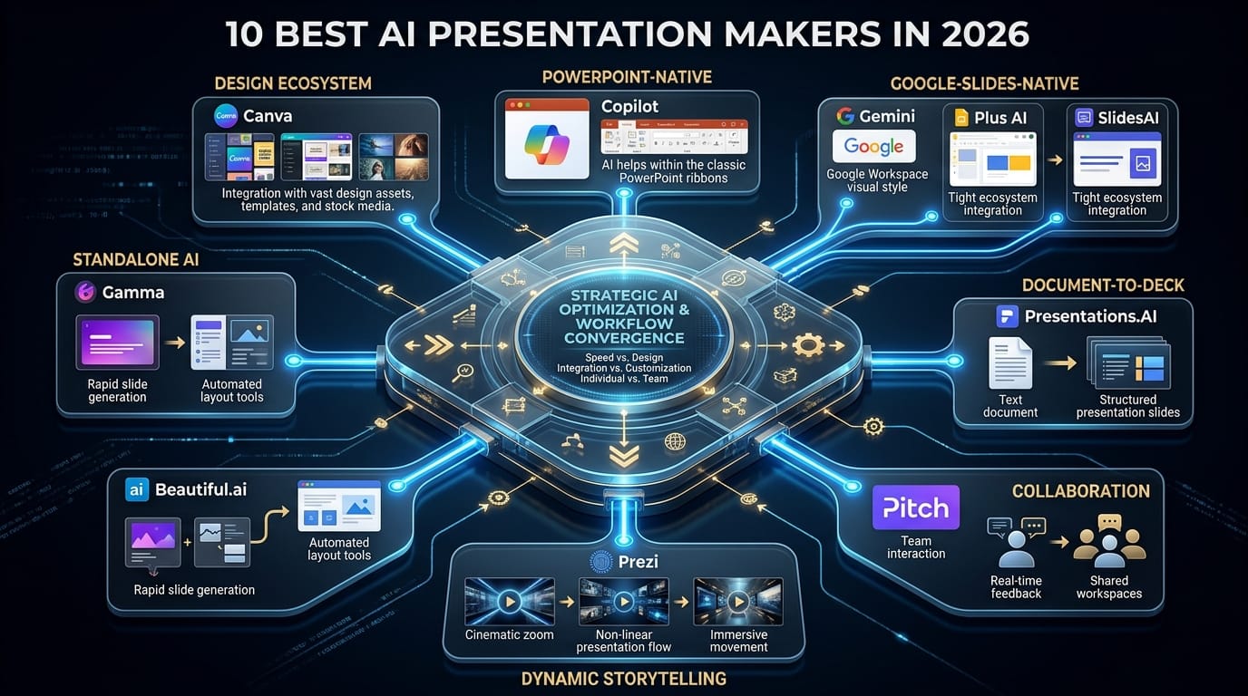 Best AI presentation makers compared across standalone deck generation, PowerPoint, Google Slides, design, document-to-slide and collaboration workflows.