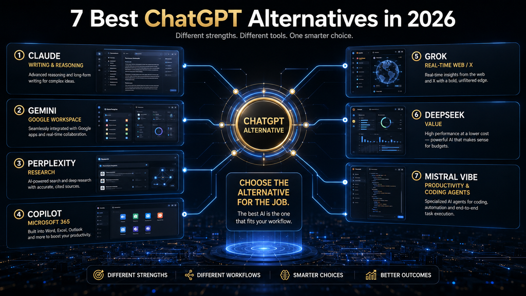 Seven best ChatGPT alternatives grouped by their strongest use cases including writing, research, Google, Microsoft, real-time information, value and productivity agents.