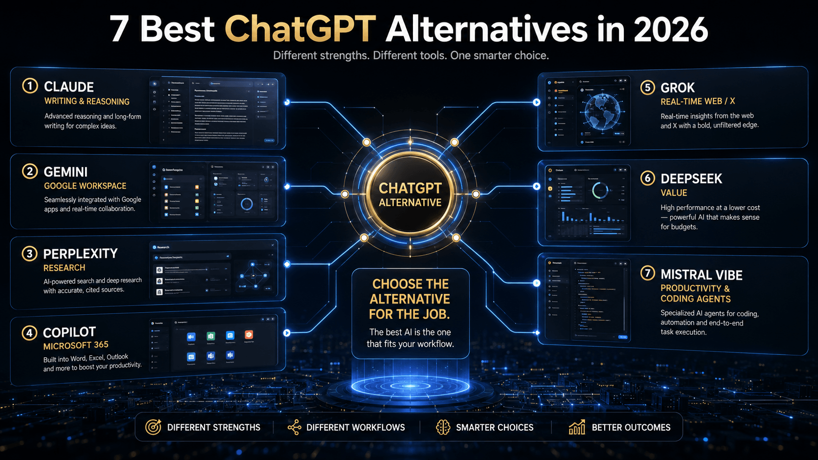 Seven best ChatGPT alternatives grouped by their strongest use cases including writing, research, Google, Microsoft, real-time information, value and productivity agents.