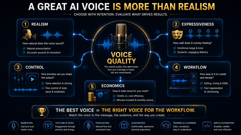 AI voice generator evaluation framework showing realism, expressiveness, control, workflow and economics.
