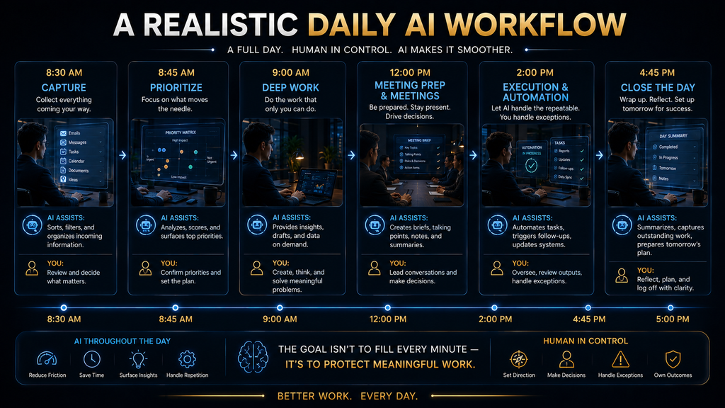 Morning-to-evening daily AI workflow showing capture, prioritization, deep work, meetings, automation and end-of-day review