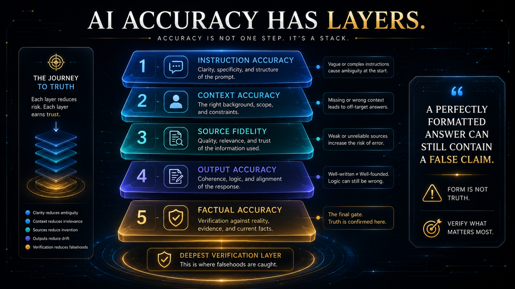 AI accuracy layers showing instruction accuracy source fidelity output accuracy and factual accuracy