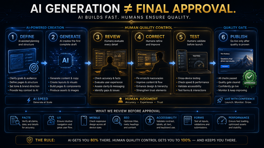 AI-generated website workflow showing human review correction testing and publishing