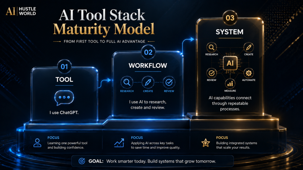 AI tool maturity model progressing from individual tool to workflow to integrated system.