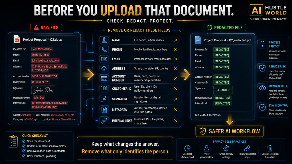 AI privacy checklist showing how to remove personal information from documents before uploading them