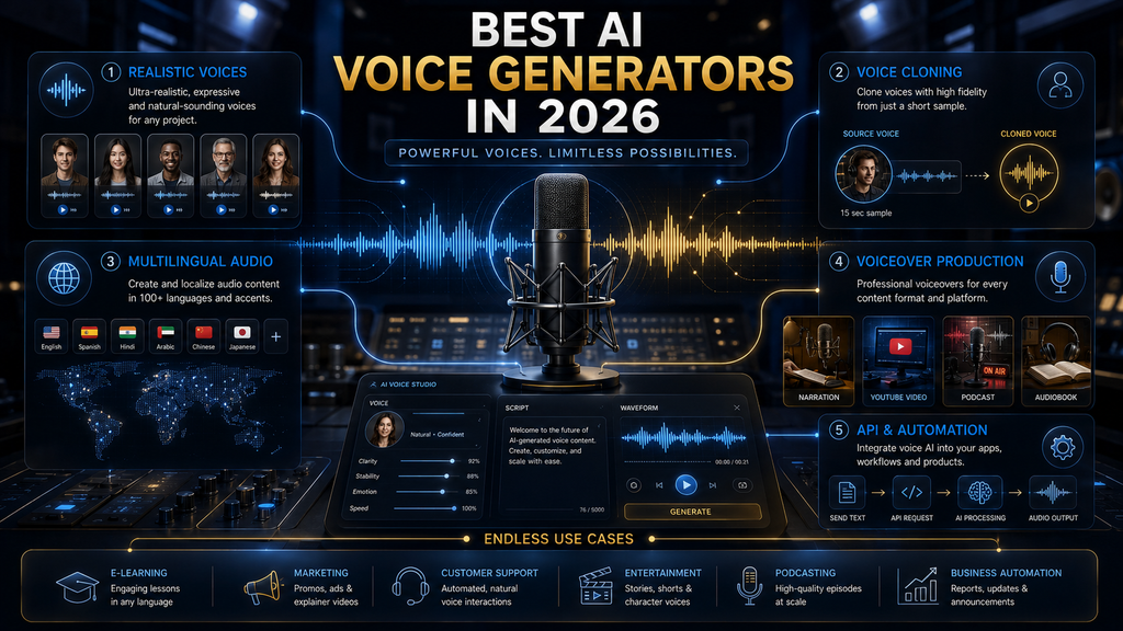 Best AI voice generators in 2026 for realistic voices, cloning, multilingual audio and content production.