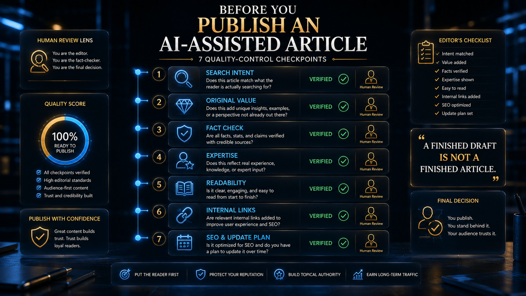 BEFORE YOU PUBLISH AN AI-ASSISTED ARTICLE.” Show seven quality-control checkpoints connected vertically: SEARCH INTENT, ORIGINAL VALUE, FACT CHECK, EXPERTISE, READABILITY, INTERNAL LINKS, SEO & UPDATE PLAN
