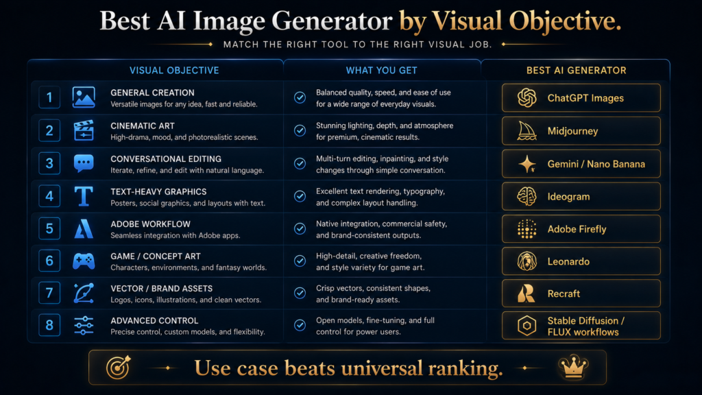 Comparison matrix matching cinematic art, general images, text graphics, Adobe workflows, game art, vectors, advanced control and beginner design with recommended AI image tool categories.