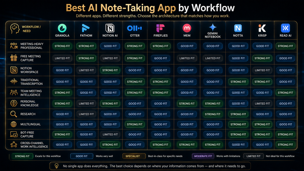 Comparison matrix showing the best AI note-taking apps for meetings, research, knowledge management and work intelligence