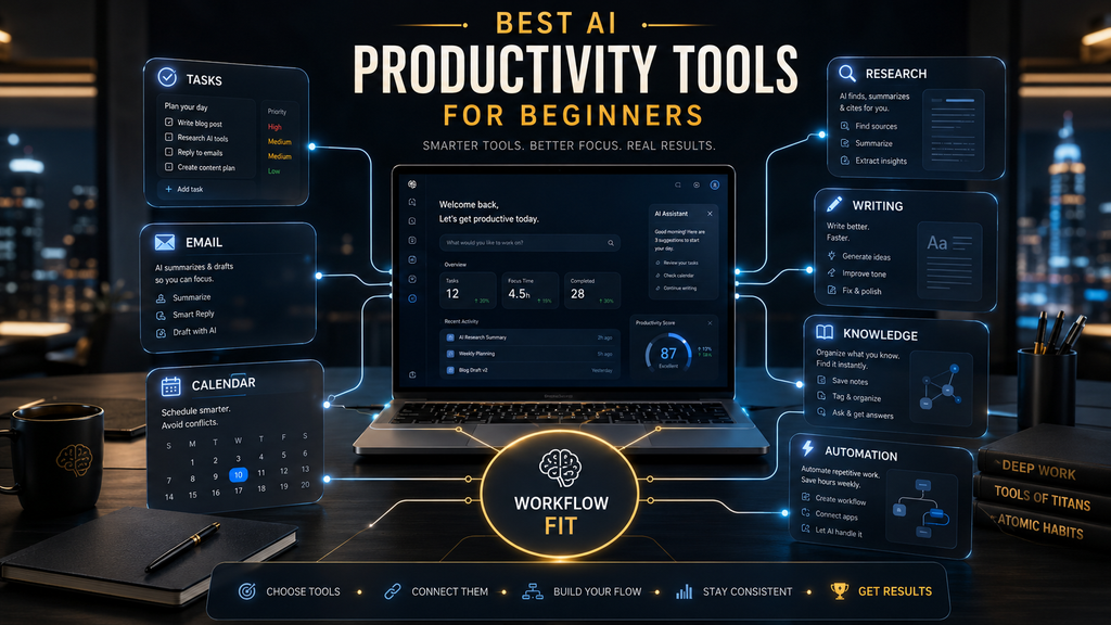 Best AI productivity tools for beginners organized by workflow and use case