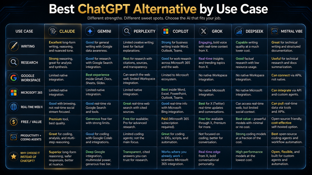 Comparison matrix matching seven ChatGPT alternatives to writing, research, ecosystem, real-time information, value and agentic productivity.