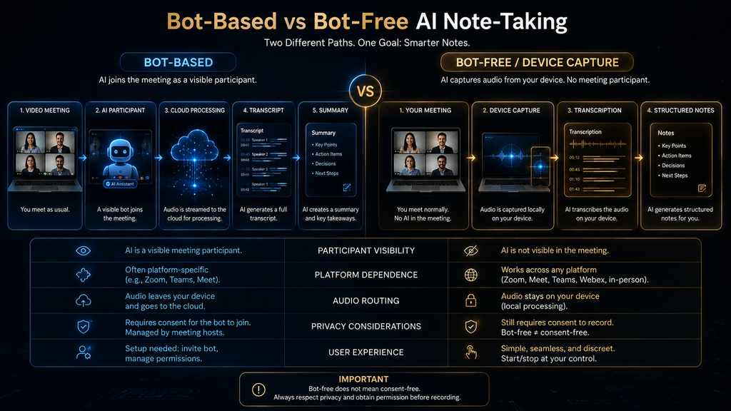 Comparison of bot-based and bot-free AI note-taking capture architectures