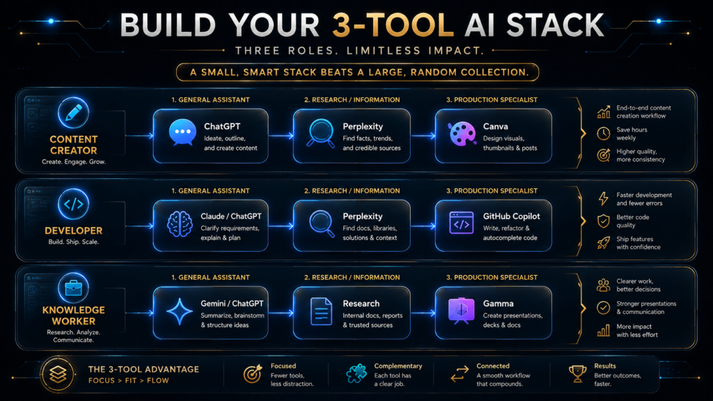 Example three-tool AI stacks for content creators, developers and business users.