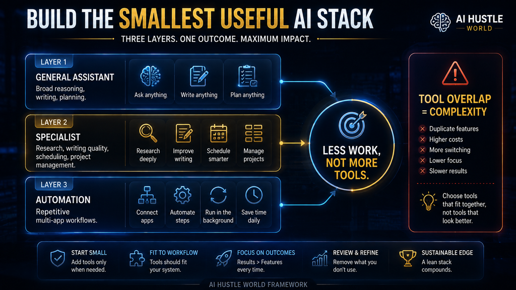 AI productivity stack framework showing general assistant specialist tool and automation layer