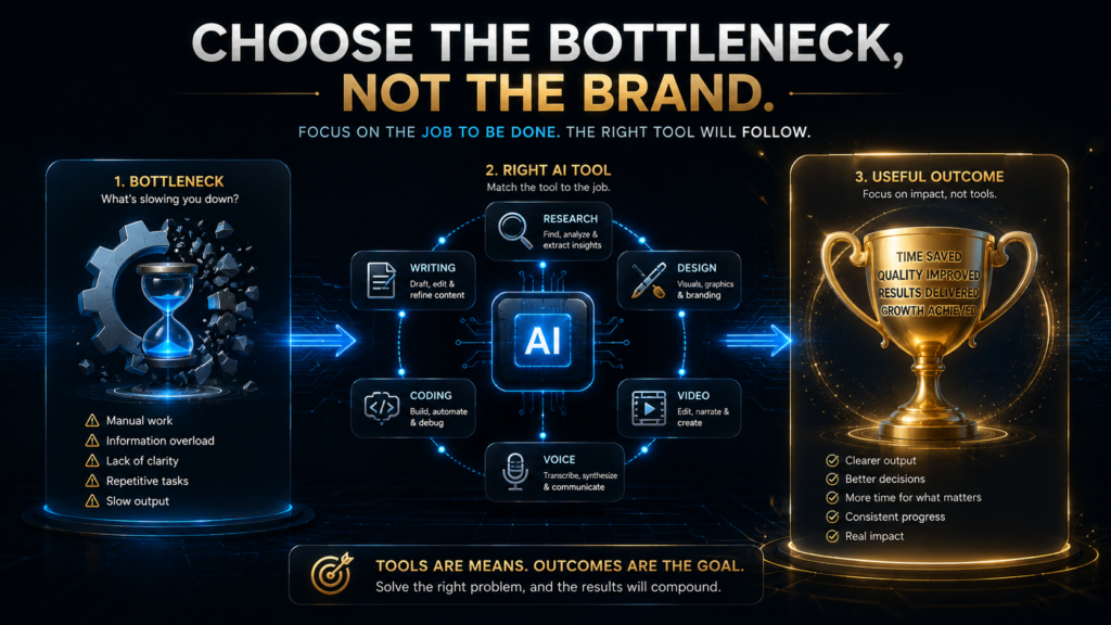 Final AI tool selection principle showing bottleneck first, tool second and outcome last.