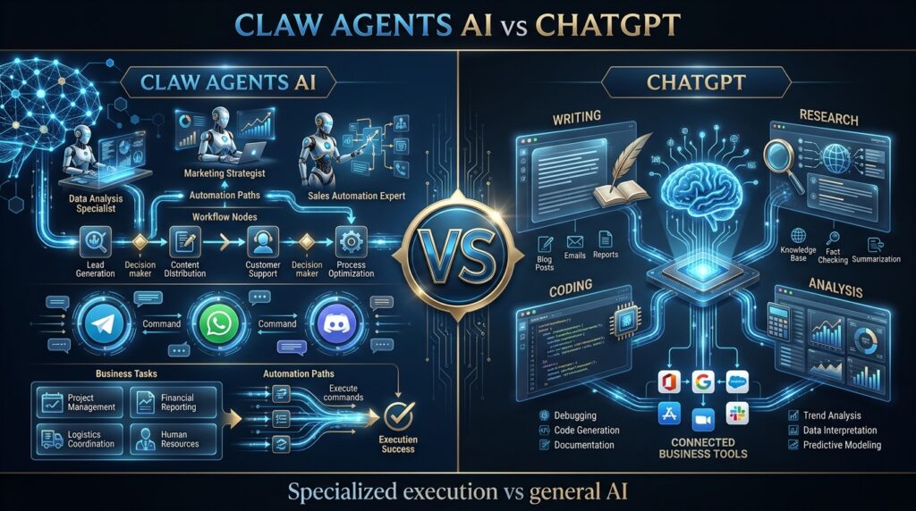 Claw Agents AI and ChatGPT comparison showing an AI workforce workflow versus a general AI workspace. Claw Agents AI vs ChatGPT