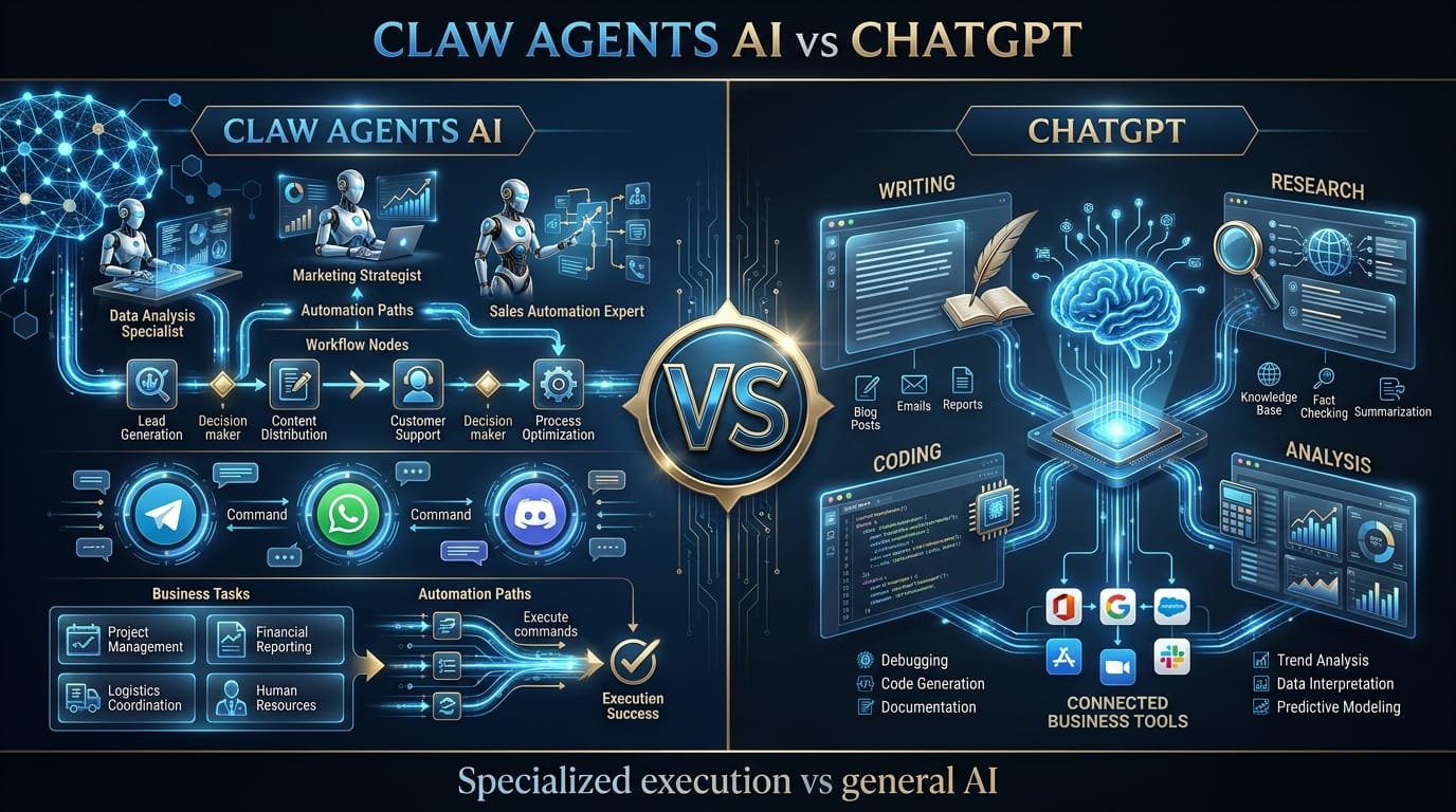 Claw Agents AI and ChatGPT comparison showing an AI workforce workflow versus a general AI workspace. Claw Agents AI vs ChatGPT