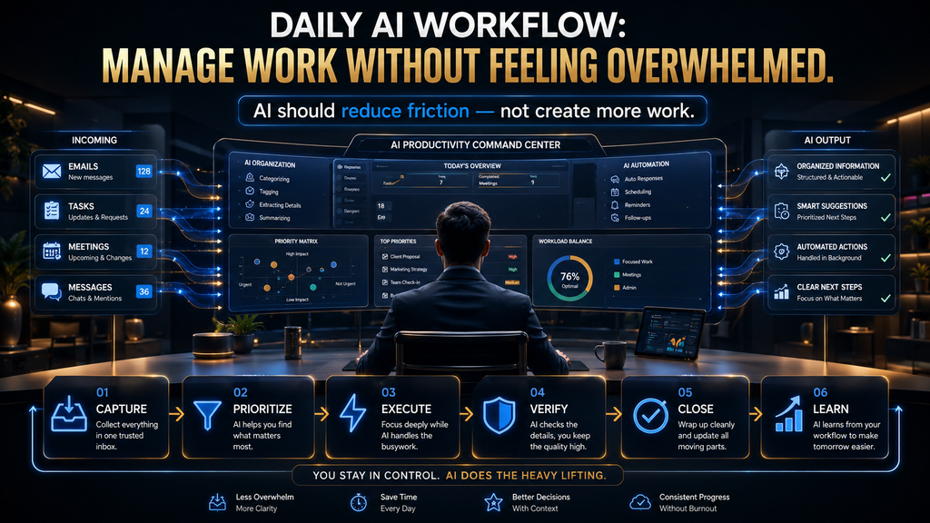 Daily AI workflow for organizing tasks, prioritizing work, protecting focus, and reducing overwhelm