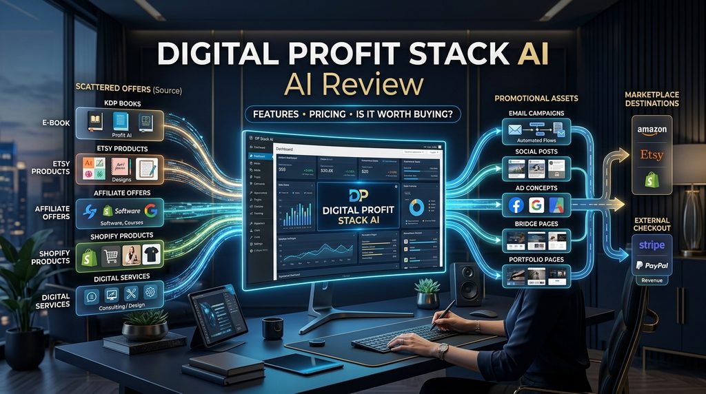Digital Profit Stack AI review marketing hub connecting digital products, AI promotion and external sales destinations