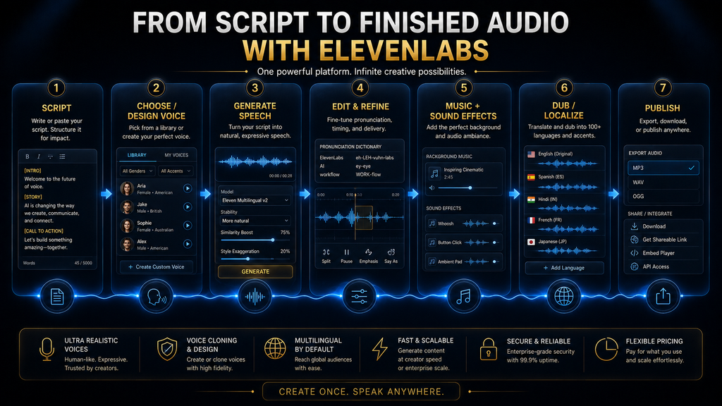 ElevenLabs AI audio workflow from script and voice selection through editing, sound design, dubbing and publishing.