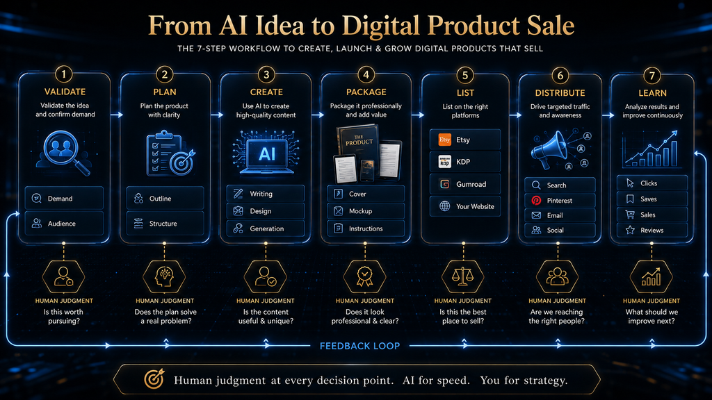 AI digital product workflow from idea validation through creation packaging selling and feedback