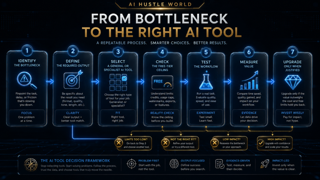 AI tool selection workflow from identifying a bottleneck to choosing, testing and upgrading an AI tool.