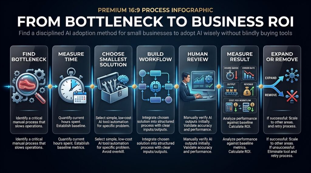 Small-business AI adoption process from identifying a bottleneck through selecting a tool, implementing it, measuring time saved and calculating business value.