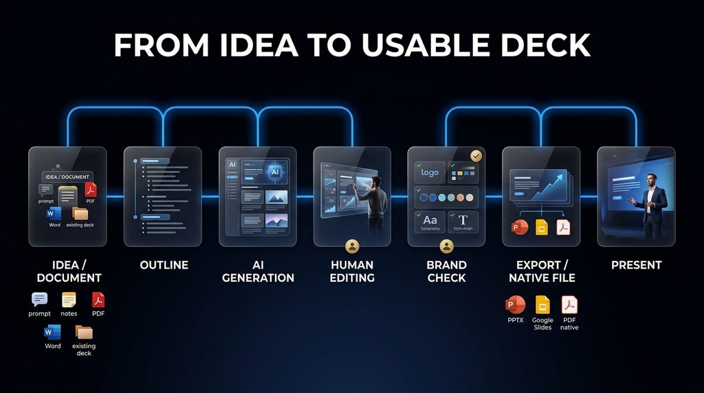 AI presentation workflow from idea or document through outline, generation, editing, brand check and final editable presentation.