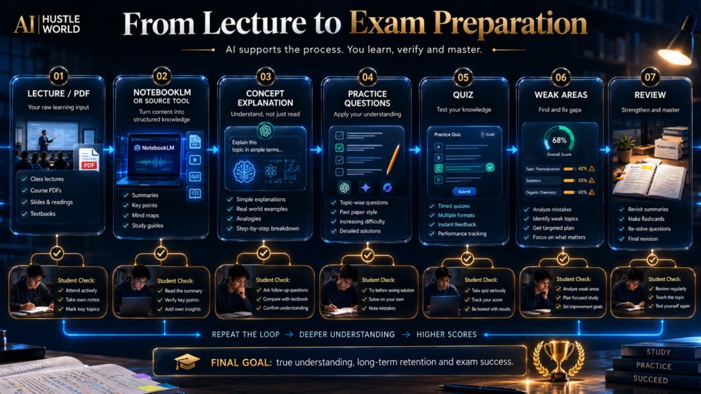 AI-assisted study workflow from lecture material through notes, practice questions, review and exam preparation.