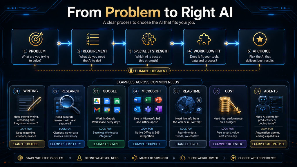 AI alternative selection process showing user problem, workflow requirement, specialist strength and final tool selection.