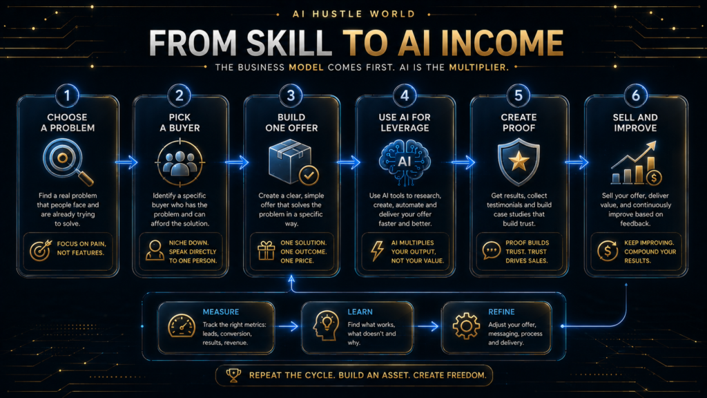 Six-step workflow showing how a beginner turns a skill and AI leverage into a paid offer.
