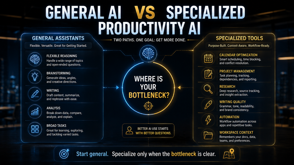 Comparison of general AI assistants and specialized AI productivity tools by workflow fit