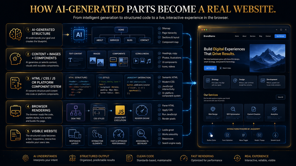AI website components assembled into HTML CSS JavaScript and browser-rendered content