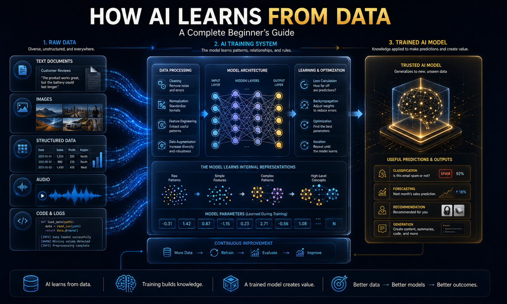 How AI learns from data through training and parameter updates