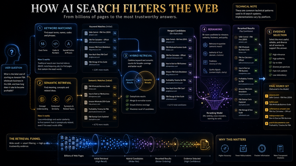 AI search retrieval framework showing keyword search semantic search hybrid retrieval and reranking