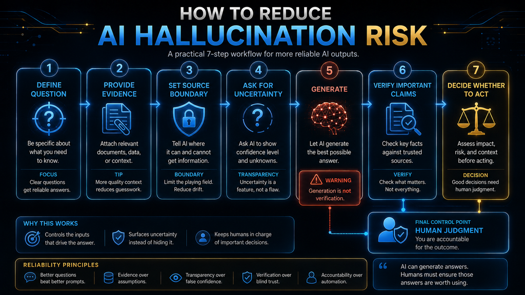 Practical AI hallucination reduction workflow using source material, constraints, uncertainty, verification and human judgment