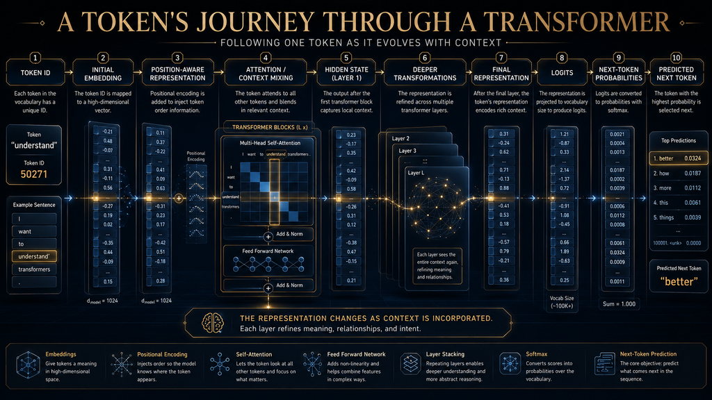 AI language processing pipeline from text to tokens embeddings context and next-token prediction