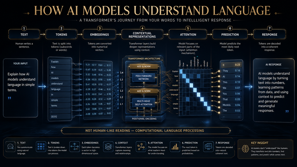 How AI models understand language through tokens context attention and prediction