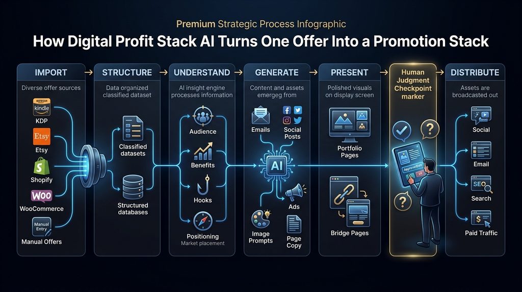 Digital Profit Stack AI process from product import through AI enrichment, content generation and WordPress publishing