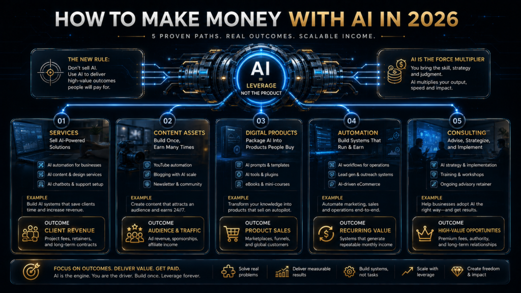 AI income map showing services, digital products, content assets, automation, and consulting as different ways to monetize AI skills.