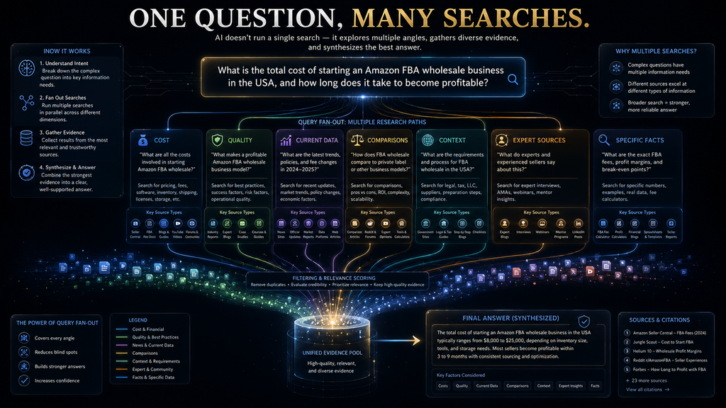 Query fan-out diagram showing one complex question expanding into multiple related searches