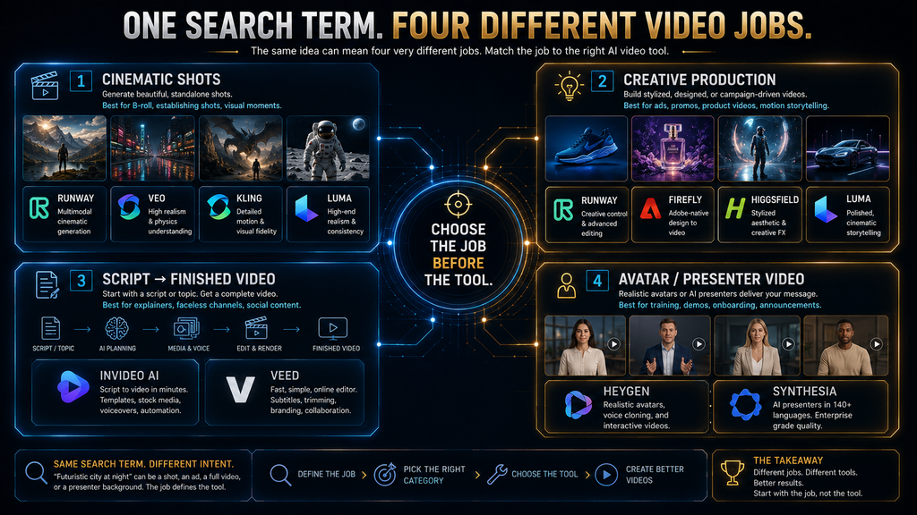 Four AI video generation jobs including cinematic clips, creative production, script-to-video and avatar video