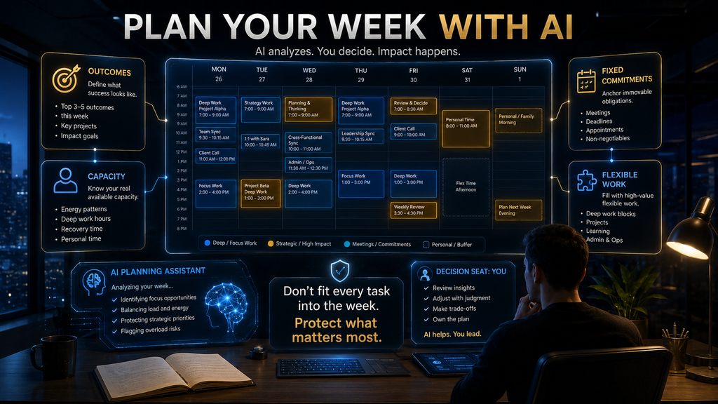 AI weekly planning workflow showing priorities, capacity, calendar constraints and focus blocks