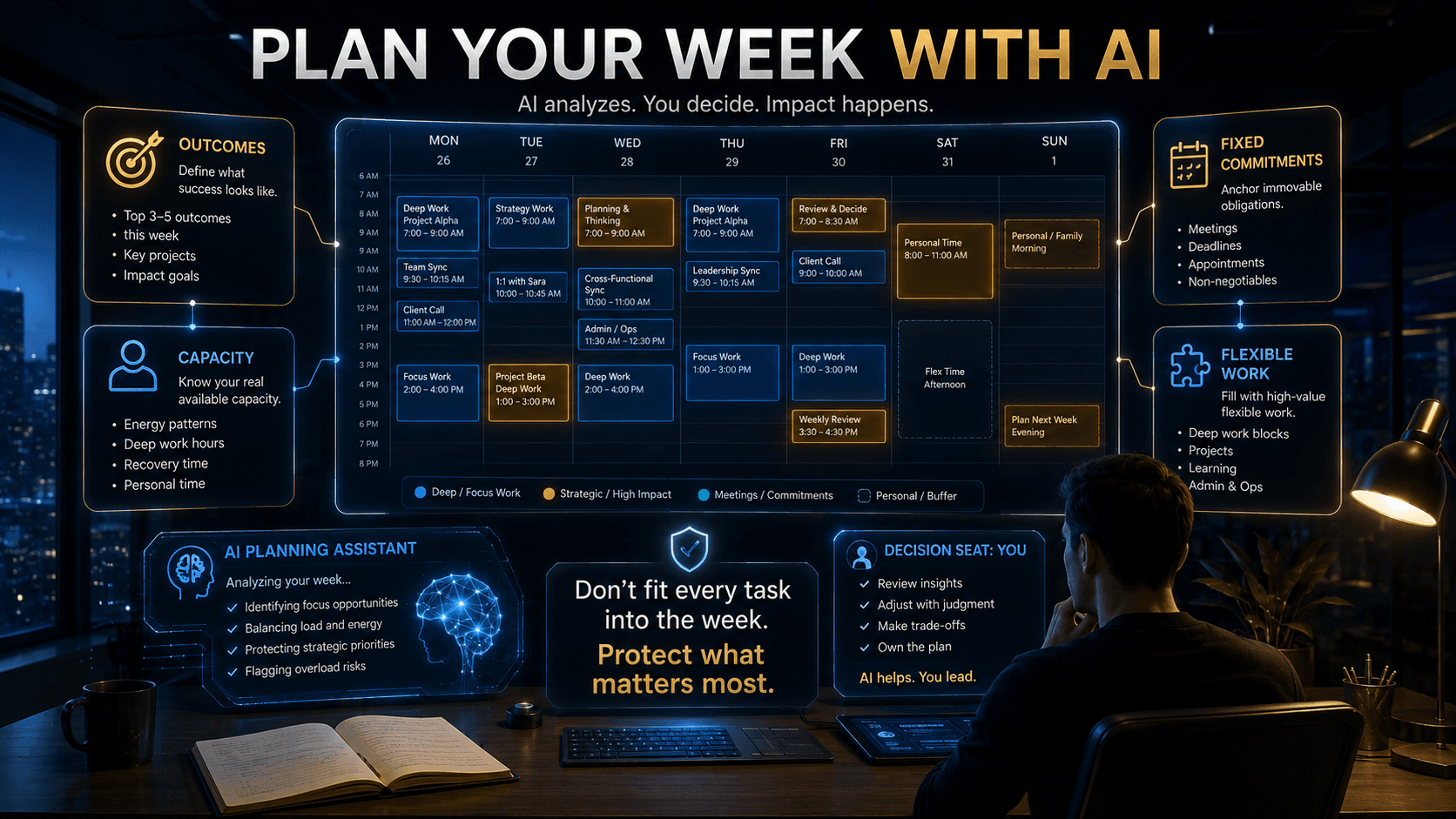 Using AI to plan your weekly tasks around priorities, capacity, calendar limits and focus blocks