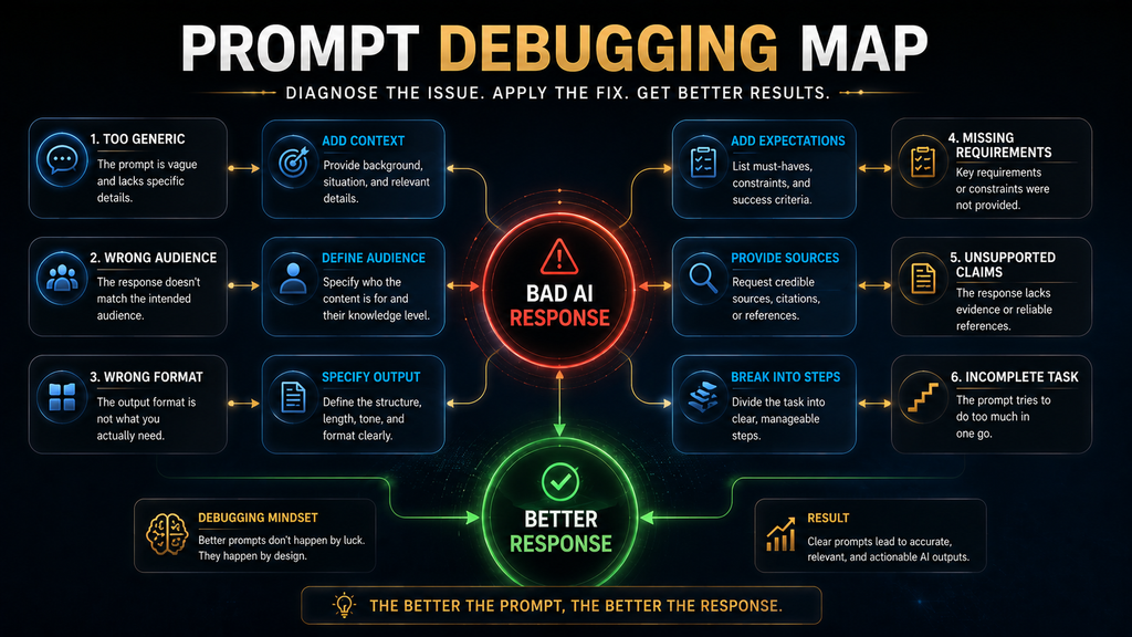 Prompt debugging map showing common AI response problems and corrective actions