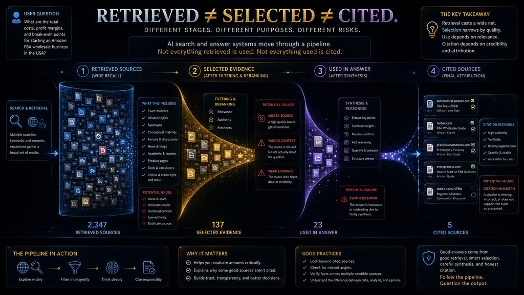 AI search pipeline showing the difference between retrieved selected used and cited information