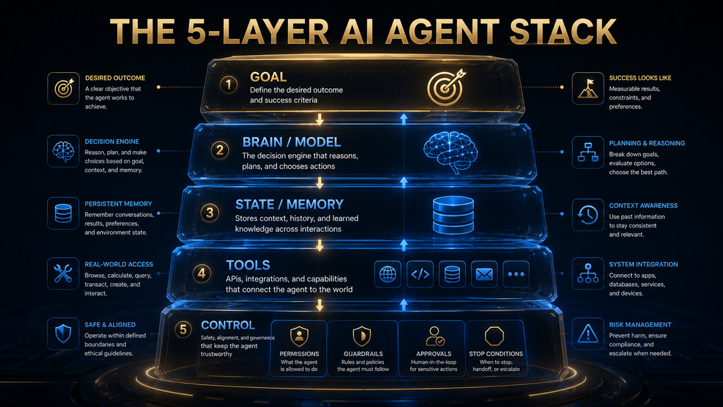 Five-layer AI agent architecture showing goal brain state tools and control