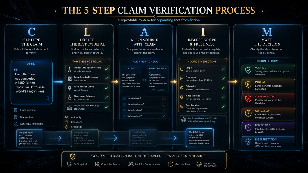 Five-step claim verification process from capturing a claim to making a verification decision
